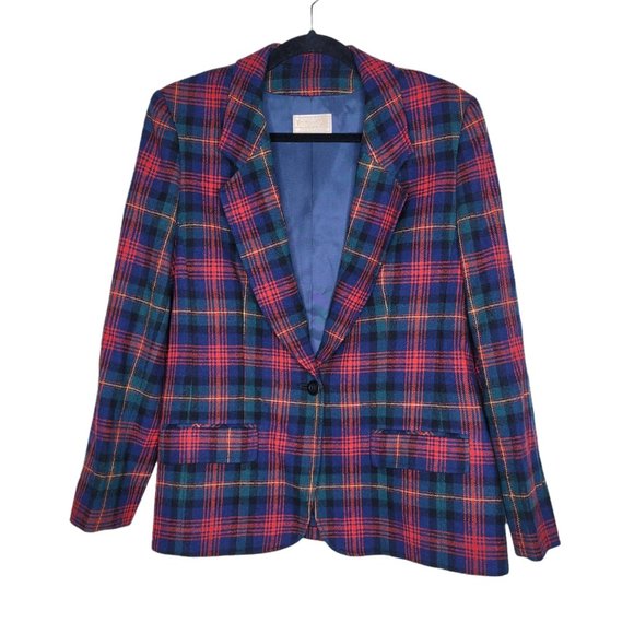 Pendleton Vintage Women's Plaid Virgin Wool Blazer with Shoulder Pads Size 12 - Picture 1 of 5